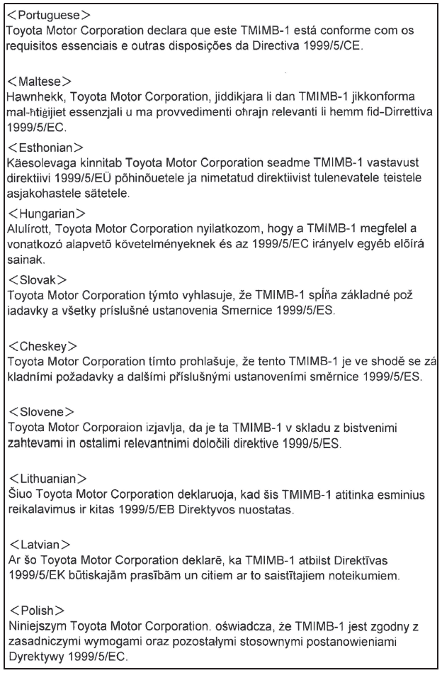 Toyota Avensis. Zertifizierungen für die Wegfahrsperre (Fahrzeuge mit intelligentem Zugangsund Startsystem)